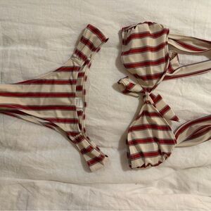 Strawberry Milk Mob Striped Tie-back Bikini top in Beige and Red